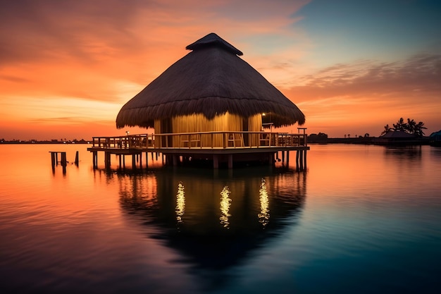 Prachtige zonsondergang op het strand met bungalows