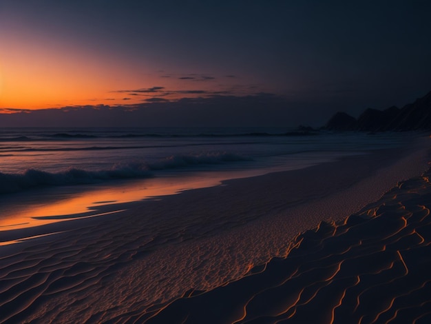Prachtige zonsondergang op het strand met goudkleurig zand en golven