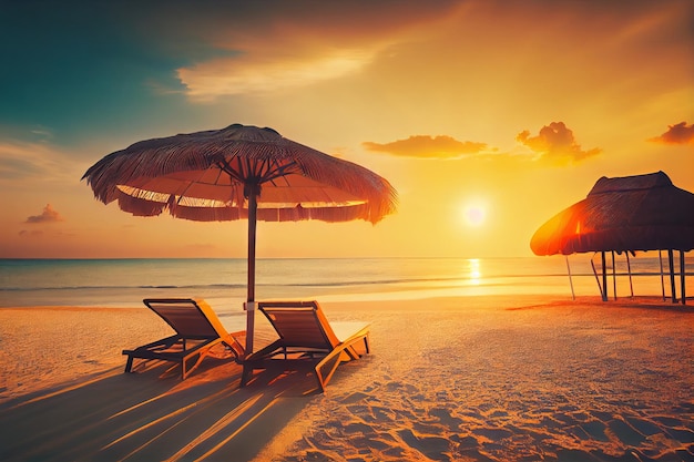 Prachtige zonsondergang op het tropische strand en de zee met parasol en stoel Generatieve AI