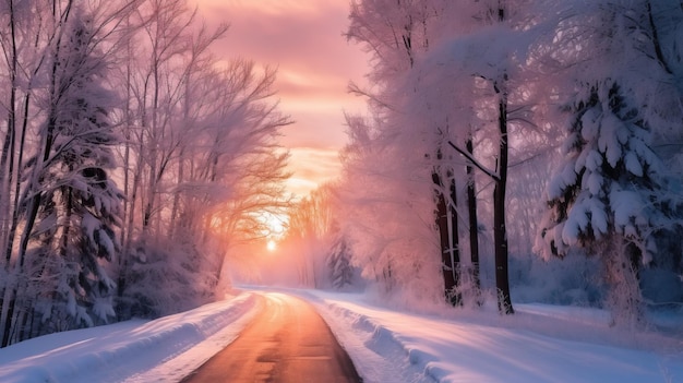 Prachtige zonsondergang op winterweg bedekt met sneeuw