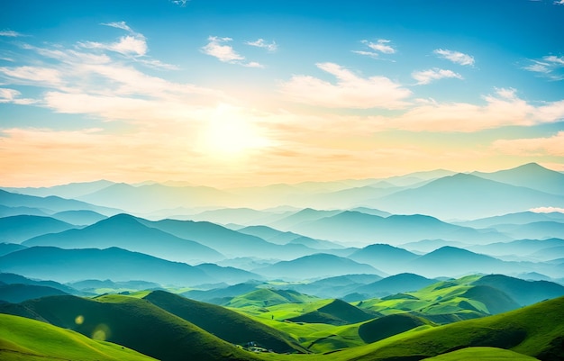 Prachtige zonsondergang over bergen en heuvels met weiden en boerderijen in dorpen Verbazingwekkende kleurrijke lucht en ongelooflijk landschap om te reizen Generatieve AI