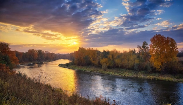 Prachtige zonsondergang over de rivier natuurlijke schoonheid van het platteland