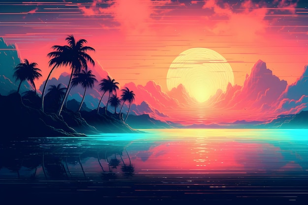prachtige zonsondergang over de zee en palmbomen AI Generatief