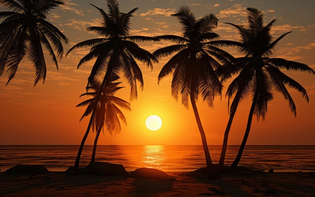 Prachtige zonsondergang over de zee met palmbomen op het strand