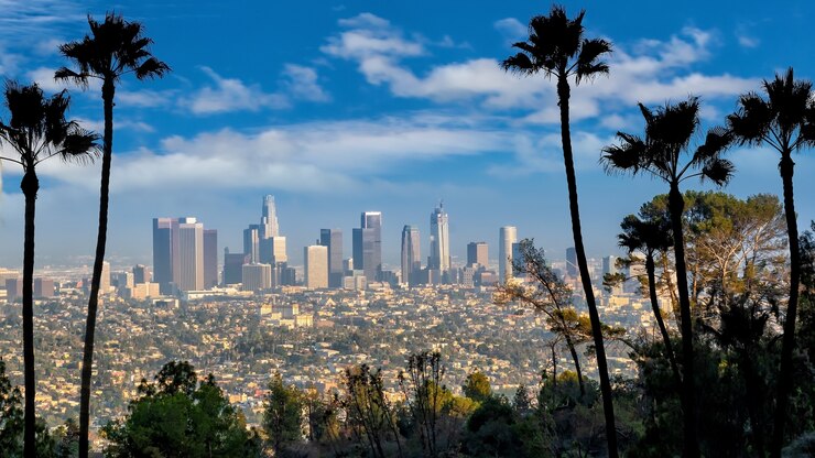 Prachtige zonsondergang van de skyline van de binnenstad van Los Angeles in CA, USA