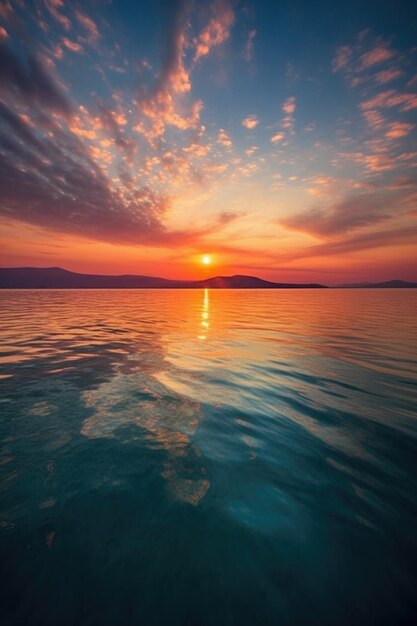 Prachtige zonsopgang boven een kalme oceaan gecreëerd met generatieve AI