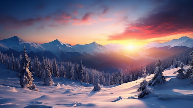 Prachtige zonsopgang op de achtergrond van de winterbergen Generatieve AI