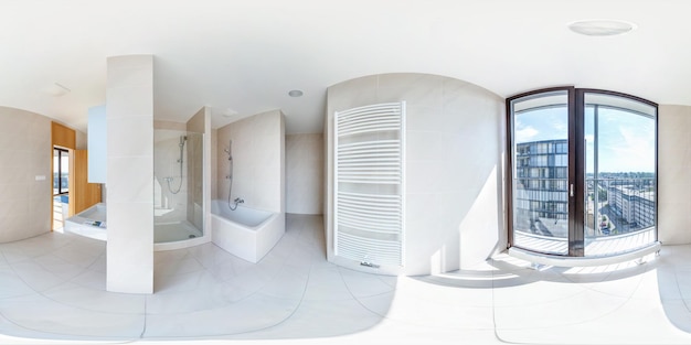 PRAGA CHECH 2013년 8월 5일 현대 평면 아파트 VR 콘텐츠의 내부 빈 욕실에서 등사각형 등거리 투영 파노라마의 완전한 구형 360 x 180도