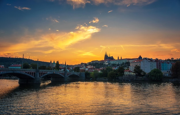 Prague Castle and Vltava river at sunset