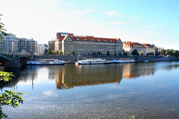 Prague Czech Republic panorama on turist boats and Vltava river