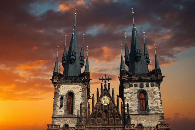 Prague old town square tyn cathedral under sunlight