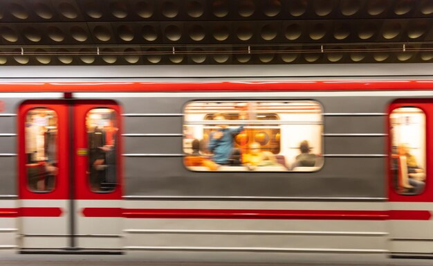 Prague staromestska metro station blur train in motion