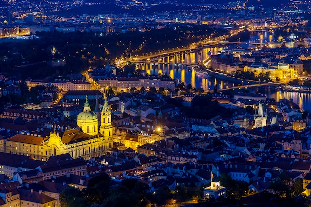 Prague at twilight blue hour, view of Bridges on Vltava with Mala Strana, Prague Castle