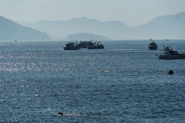 브라질 리우데자네이루 우르카(Urca) 지역의 프라이아 베르멜하(Praia Vermelha) 바다에 어부 보트가 있고 배경에 언덕이 있는 배경 조명