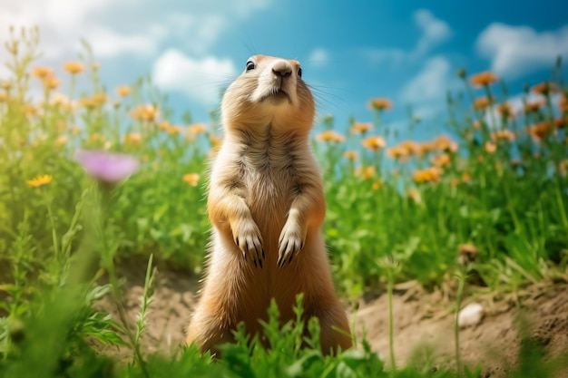 Prairie dog in wildlife Cute prairie dog on summer field with flowers