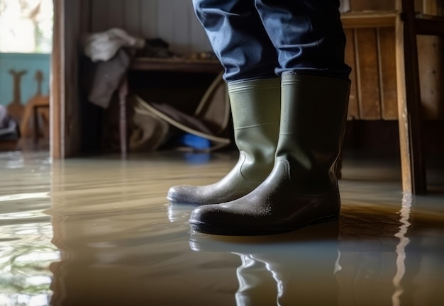 Foto praktische laarzen rubber in overstroomd huis genereren ai