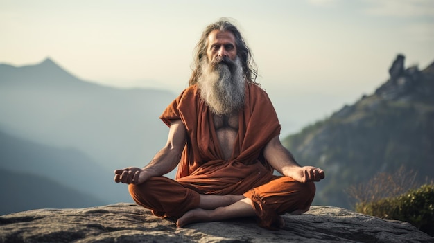 Foto pranayama un yogis indiano controllo del respiro su una vetta di montagna