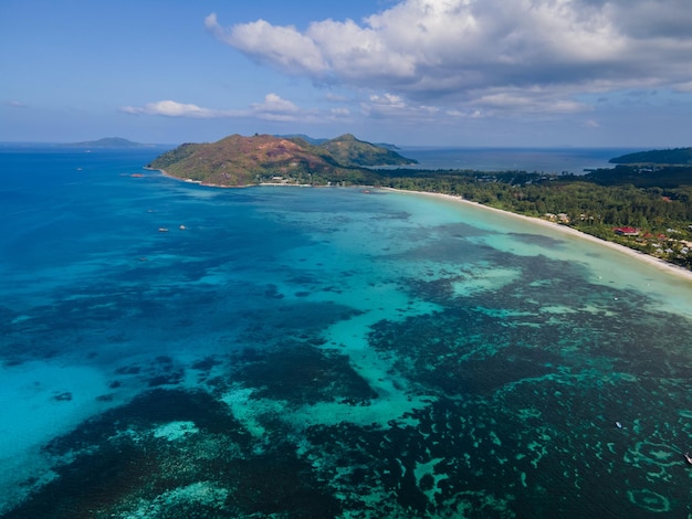 Praslin tropical island seychelles drone view above st piere island seychelles chauve souris relais anse volbert beach seychelles