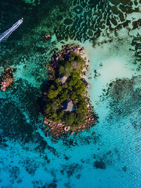 Praslin tropical island seychelles drone view above st piere island seychelles chauve souris relais anse volbert beach