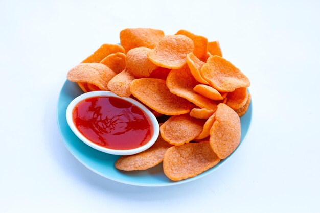 Prawn crackers on white background Shrimp crispy rice snack