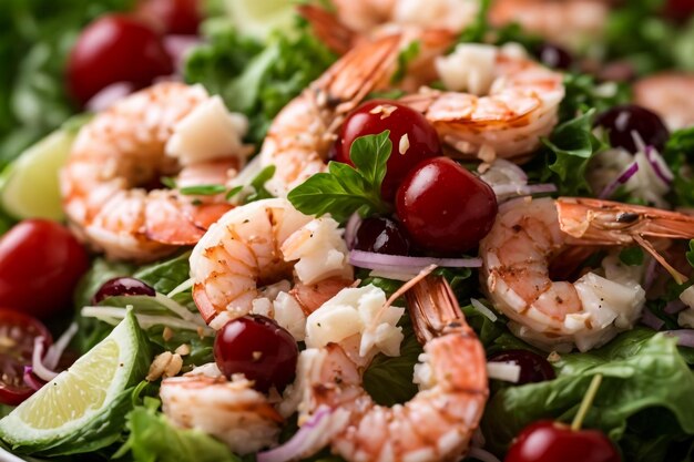 Photo prawn salad on wooden table