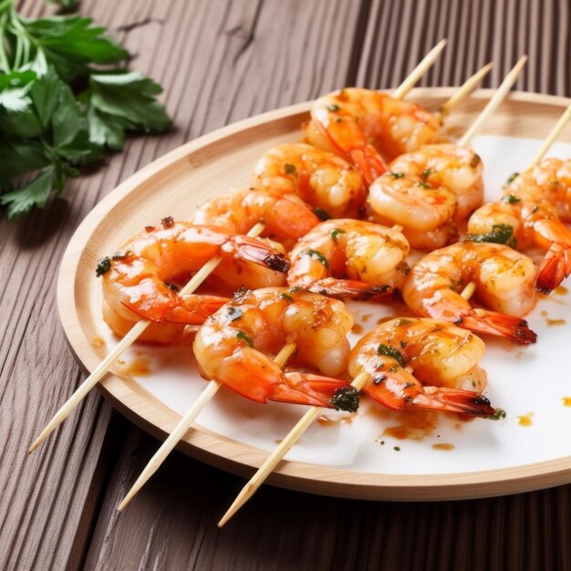 Photo prawn skewer on a white plate on wooden background realistic