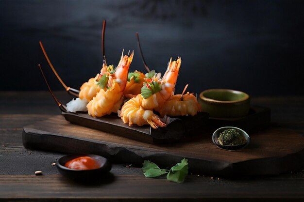 Photo prawn tempura on wooden table with dark smoky background