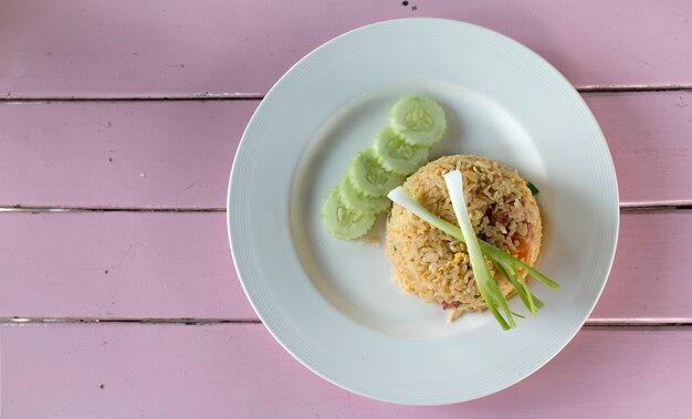 Prawn with fired rice in white plate