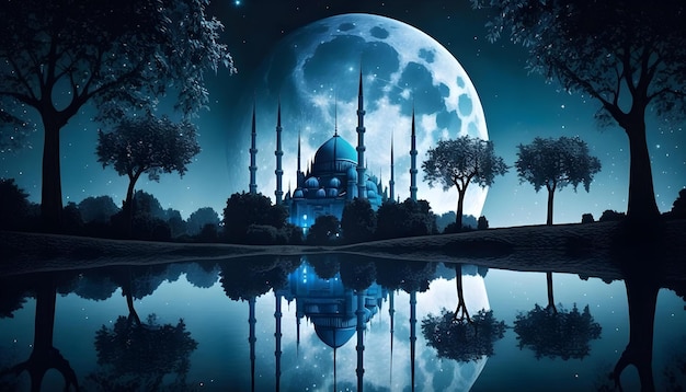 Pray Under the Enchanting Night Sky of Blue Moon at the Nature Mosque with AI Generated Technology