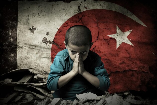 写真 七面鳥、七面鳥の旗、地震、少年の祈りのために祈る