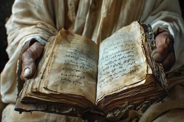 Prayer book of papyrus in the hands of monk