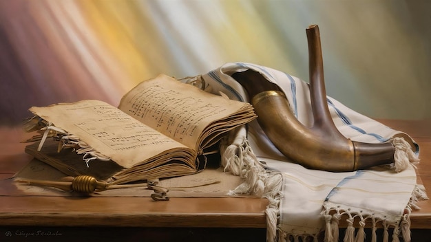 Photo prayer book and shofar horn talit jewish religious symbols shabbat and yom kippur concept