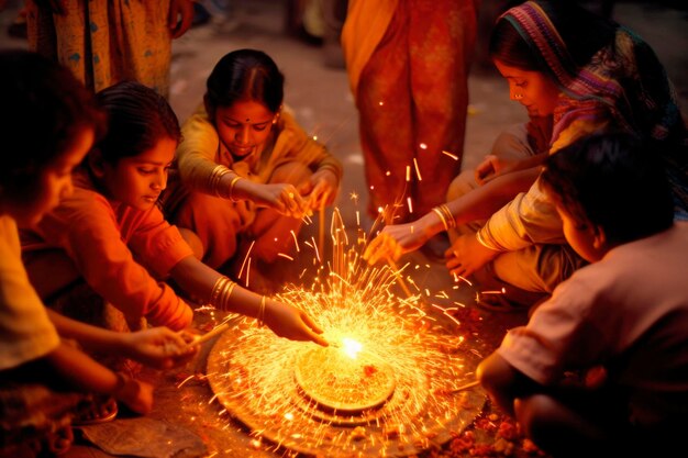 Prayer ceremonies of Indian families and friends with candles and Diya oil lamps at Diwali Traditional festival of lights Deepavali celebration generated AI