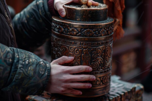 A prayer is sitting in front of a large ornate object