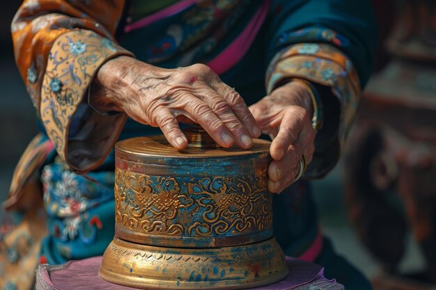 A prayer is sitting in front of a large ornate object