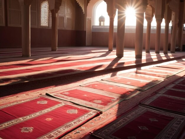 Prayer Mats in a Sunlit Mosque