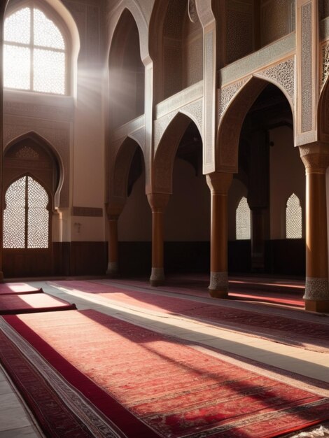 Prayer Mats in a Sunlit Mosque