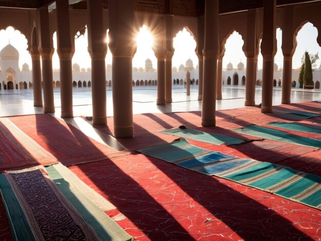 Photo prayer mats in a sunlit mosque