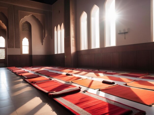 Prayer Mats in a Sunlit Mosque