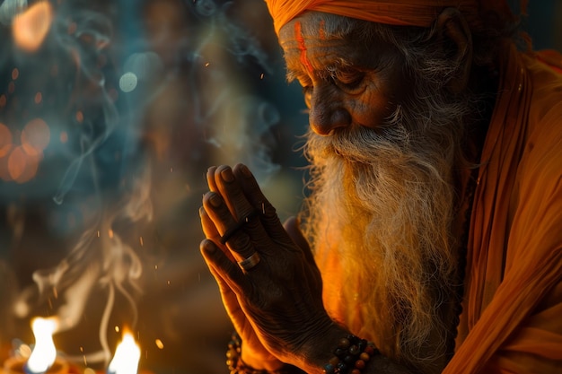 A prayer in an orange robe is praying in front of a fire