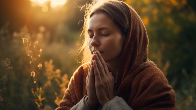 Prayer peace and worship with woman in nature for God