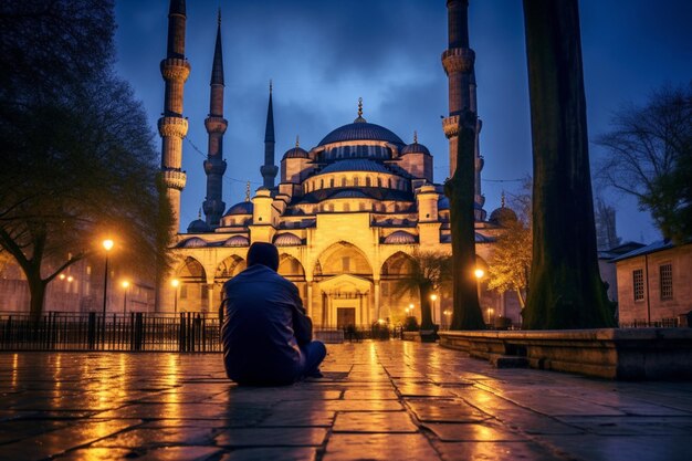 Praying at the blue mosque at dusk