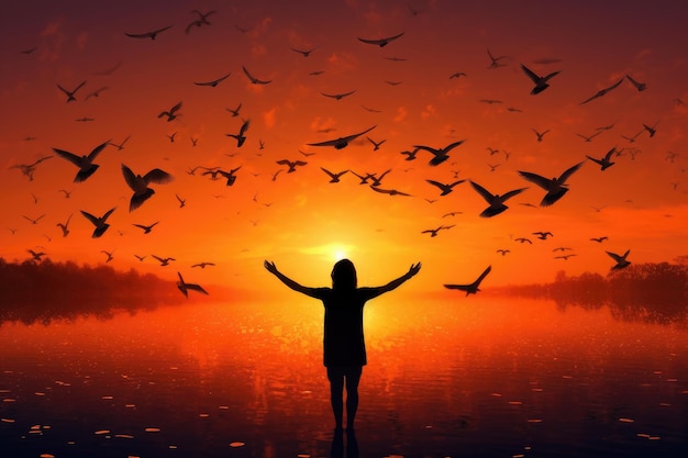 Praying and free the birds flying on sunset background Generative AI