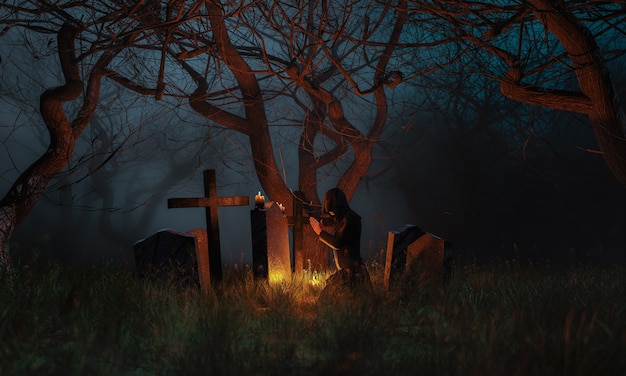 praying in a graveyard in a spooky forest