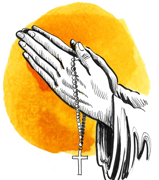 Photo praying hands handdrawn ink and watercolor illustration