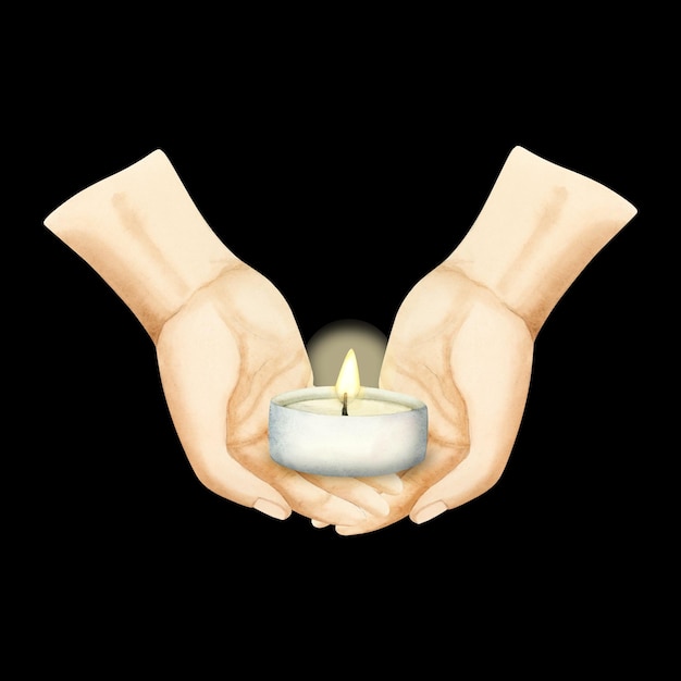 Photo praying hands holding candle watercolor illustration on black for remembrance day and commemoration