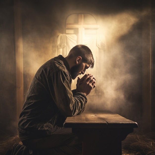 Photo praying man in front of the cross christian concept silhouette of a man who kneels in front of a cro