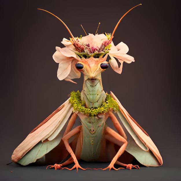 praying mantis insect with floral flora blooming crown of flowers