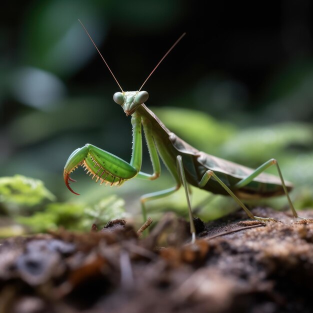 緑の背景にカマキリが地面に座っています。