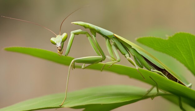Photo a praying mantis is sitting on a plant